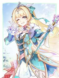  1girl ahoge anemo_symbol_(genshin_impact) blonde_hair blue_bow blue_cape blue_dress blue_sleeves blush bow breasts cape chest_bow collarbone commentary detached_sleeves double_v dress drill_hair drill_ponytail eyelashes fairy fairy_wings fur-trimmed_cape fur_trim genshin_impact gloves green_eyes hair_between_eyes hair_bow hair_ribbon high_ponytail highres juliet_sleeves large_bow long_hair long_sleeves looking_at_viewer medium_breasts one_eye_closed pointy_ears ponytail puffy_sleeves rei_(az93f1) ribbon short_dress single_bare_shoulder sleeveless sleeveless_dress smile solo sparkle star_(symbol) tiara two-tone_dress v very_long_hair vesna_(genshin_impact) vision_(genshin_impact) white_bow white_dress white_gloves white_ribbon wings yellow_pupils 