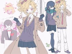  ! 3girls :d ? ?? anger_vein angry arms_behind_back arrow_(symbol) bandaged_leg bandages bandaid bandaid_on_face bandaid_on_leg bishie_sparkle black_eyes black_gloves black_hair black_skirt black_thighhighs blonde_hair blush bow bowtie breasts brown_sweater butler chibi clenched_hands coat collared_shirt commentary covering_own_mouth cropped_torso crossdressing crossdressing_(ftm) fang flat_color flustered full_body fully_genderswapped_group gauze gauze_on_cheek gauze_on_knee genderswap gloves green_eyes green_scarf grin gyaru hair_ribbon hand_on_own_hip hand_on_own_shoulder hands_on_own_face heart heterochromia highres loafers long_hair loose_socks mamiya_yumehisa miniskirt mole mole_under_eye multiple_girls multiple_views natsume_souichirou notice_lines one_eye_closed open_clothes open_coat red_bow red_bowtie red_eyes red_ribbon reverse_trap ribbon scarf sekai_metsubou_kyouyuu_gensou_mamiya shirt shoes short_hair shouting side_ponytail skirt small_breasts smile socks solo_focus sparkling_eyes spoken_anger_vein standing sweatdrop sweater teasing thigh-highs toujou_minato towel towel_on_arm translation_request trench_coat untranslatable_commentary v-neck very_long_hair wavy_hair white_background white_shirt yzyzdh 