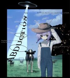  1girl abduction alien animal antennae black_border black_eyes blue_overalls border braid brown_hat censored censored_identity cow day english_text farmer flying_saucer hand_on_headwear hand_up hat hayu_(hayu0305) highres long_sleeves looking_at_viewer original outdoors outside_border overalls purple_hair space spacecraft standing sweater tractor_beam twin_braids ufo white_sweater 