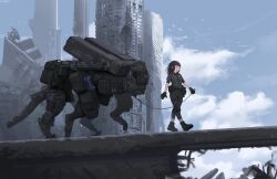  1girl absurdres backpack bag belt bird black_leggings blue_sky boots brown_hair building camera cityscape closed_eyes clouds commentary cqcnorthfish english_commentary gloves highres holding holding_leash knee_pads leash leggings mecha medium_hair missile_pod one-eyed_mecha open_mouth original robot ruins science_fiction shorts sky skyscraper tactical_clothes tactical_gloves walking 