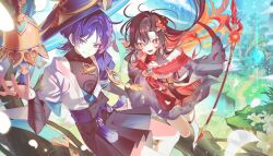  +_+ 1boy 1girl 28gom28 anemo_symbol_(genshin_impact) aqua_gem arm_at_side armor arms_at_sides belt bishounen black_belt black_bodysuit black_bow black_bridal_gauntlets black_hair black_sash black_shorts blue_hat blue_jingasa blue_kimono blue_pupils blue_sky blue_sleeves blunt_ends blush bodysuit bow breasts bridal_gauntlets bright_pupils camellia_(trave1er) cape cleavage_cutout clothing_cutout colored_inner_hair commission couple curtained_hair dress earrings eyelashes eyeliner feathers fingernails floating floating_object floating_weapon flower gem genshin_impact gold gold_bell gold_earrings gold_ring grey_sleeves hair_flower hair_intakes hair_ornament hakama hakama_shorts hand_up hat hetero highres hip_vent holding holding_polearm holding_weapon japanese_armor japanese_clothes jewelry jingasa juban kimono kote kurokote layered_dress layered_sleeves long_hair looking_at_viewer makeup mandarin_collar medium_dress middle_ring multicolored_hair oc_x_canon off-shoulder_dress off_shoulder open_clothes open_hand open_kimono open_mouth orange_eyes orange_hair original outdoors over-kneehighs pleated_shorts plum_blossoms polearm pom_pom_(clothes) purple_cape purple_hair purple_rope purple_sash pyro_symbol_(genshin_impact) red_dress red_eyeliner red_flower red_gem red_nails rope sash scaramouche_(genshin_impact) see-through_clothes see-through_sleeves short_sleeves shorts shoulder_peek single_over-kneehigh single_thighhigh sky small_breasts smile socks tassel thigh-highs tilted_headwear tree tsurime tulaytullah's_remembrance_(genshin_impact) very_long_hair violet_eyes wanderer_(genshin_impact) weapon white_bridal_gauntlets white_dress white_flower white_kimono white_mouth white_pupils white_sleeves white_socks wispy_bangs wolf_cut yellow_feathers 