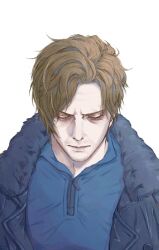  1boy beard_stubble black_jacket blue_shirt brown_hair closed_eyes commentary english_commentary facial_hair facing_viewer fur_trim jacket leon_s._kennedy male_focus miki_jamiki resident_evil resident_evil_requiem shirt short_hair solo stubble upper_body 