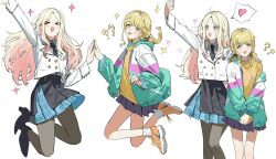  2girls :d ? ?? aqua_jacket arm_up black_necktie black_pantyhose black_ribbon black_shoes black_skirt blonde_hair blue_skirt blush collared_shirt commentary_request feet_out_of_frame fujita_kotone full_body gakuen_idolmaster grey_eyes hair_ribbon hand_on_another's_shoulder hatsuboshi_gakuen_school_uniform high_heels highres idolmaster jacket jumping juo_sena legs long_sleeves looking_at_phone looking_at_viewer lunifish multicolored_jacket multicolored_shoes multicolored_skirt multiple_girls necktie open_clothes open_jacket open_mouth orange_shoes pantyhose phone purple_jacket ribbon school_uniform selfie shirt shoes simple_background skirt smile socks speech_bubble thought_bubble twintails two-tone_jacket two-tone_shoes two-tone_skirt white_background white_jacket white_shirt white_shoes white_socks yellow_shirt 
