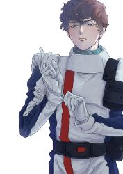  1boy absurdres adjusting_clothes adjusting_gloves amuro_ray blue_eyes brown_hair char's_counterattack commentary_request earth_federation earth_federation_space_forces gloves gundam highres male_focus mecha_pilot_suit messy_hair normal_suit_(gundam) solo spacesuit spiky_hair tomii_(tonbo_a_babel) white_gloves 