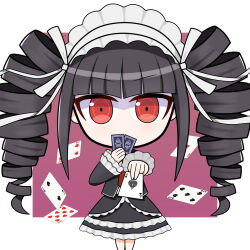  1girl ace_(playing_card) ace_of_spades apricotlemontea black_dress black_hair border card celestia_ludenberg chibi commentary_request covered_mouth danganronpa_(series) dress drill_hair frilled_dress frilled_hairband frills hairband highres holding holding_card long_hair long_sleeves looking_at_viewer playing_card purple_background red_eyes solo spade_(shape) twin_drills twintails very_long_hair white_border white_hairband 
