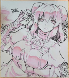  1girl bandaged_arm bandages breasts bun_cover chain closed_mouth commentary_request cuffs double_bun flower hair_bun highres ibaraki_kasen large_breasts looking_at_viewer medium_hair monochrome neck_flower ouma_tokiichi photo_(medium) pink_theme puffy_short_sleeves puffy_sleeves rose shackles shikishi shirt short_sleeves smile solo tabard touhou traditional_media 
