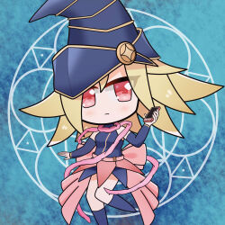  1girl apricotlemontea black_socks blonde_hair blue_dress blue_hat blue_sleeves breasts cellphone chibi closed_mouth commentary_request detached_sleeves dress duel_monster gagaga_girl hand_up hat highres holding holding_phone kneehighs knees_together_feet_apart long_sleeves phone red_eyes sleeveless sleeveless_dress small_breasts socks solo yu-gi-oh! 