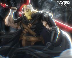  1boy adventure_time animal_ear_hood animal_hood armor artist_name bandaged_arm bandages beard belt_pouch berserk black_armor black_cloak blonde_hair cloak commentary cosplay cuirass demon_blood_sword english_commentary facial_hair finn_the_human full_beard greaves guts_(berserk) guts_(berserk)_(cosplay) highres hood long_beard long_hair maytrixxdx mechanical_arms muscular muscular_male one_eye_closed open_mouth outdoors over_shoulder pouch prosthesis prosthetic_arm scar scar_across_eye scar_on_face shoulder_armor single_mechanical_arm snow solo trait_connection weapon weapon_over_shoulder wind 