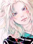  1boy bead_necklace beads blonde_hair blush dutch_angle enki_(juuni_kokuki) eyelashes eyeliner hair_spread_out jewelry juuni_kokuki light_smile lips lipstick looking_at_viewer lying makeup male_focus necklace on_back parted_lips pink_eyes portrait solo traditional_media white_hair yuba_(51heian) 