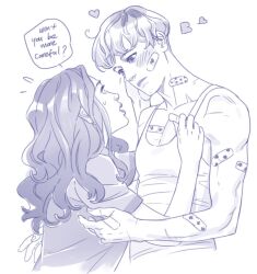  2girls akira_atsushi androgynous bandaid bandaid_on_arm bandaid_on_cheek bandaid_on_chest bandaid_on_face bandaid_on_hand bandaid_on_neck breasts butch/femme_couple commentary dani_ramos english_commentary english_text flying_sweatdrops grace_harper greyscale height_difference monochrome multiple_girls open_mouth scar scar_on_arm shirt short_hair small_breasts sweatdrop t-shirt tank_top terminator:_dark_fate terminator_(series) toned toned_female yuri 