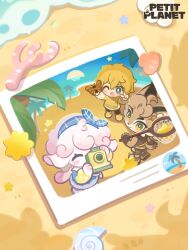  1girl 2boys animal_ears arm_up blonde_hair blue_bow blue_hairband blush bow bug butterfly camera commentary copyright_logo english_commentary full_body furry furry_female furry_male green_eyes hair_between_eyes hairband hands_up highres holding holding_camera holding_net logo long_hair long_sleeves medowlyn_(petit_planet) msafiri multiple_boys official_art one_eye_closed pale_skin palm_tree petit_planet planet_tender_(petit_planet) sand shell star_(symbol) sunset tree v water 