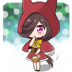  1girl afterimage animal_ears animal_hood apricotlemontea basket blush bow brown_hair capelet chibi closed_mouth commentary_request fake_animal_ears flower full_body hair_over_one_eye hand_to_own_mouth hand_up holding holding_basket hood hood_up hooded_capelet horse_tail motion_lines purple_flower red_capelet red_skirt rice_shower_(umamusume) shadow shirt skirt smile solo standing tail tail_wagging umamusume violet_eyes white_shirt yellow_bow 