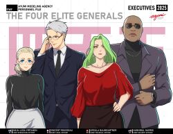  2boys 2girls anya_(erkaz) bald black_necktie black_shirt blonde_hair blue_eyes blue_jacket breasts brown_eyes brown_skirt buttons collar collarbone ear_piercing english_text erkaz glasses green_hair grey_hair hand_on_own_hip hannibal_(erkaz) height_difference highres holding holding_phone jacket jewelry large_breasts lips long_hair long_sleeves looking_at_viewer looking_to_the_side multiple_boys multiple_girls necklace necktie original parted_hair pearl_necklace pencil_skirt phone piercing purple_jacket red_shirt reference_sheet shirt short_hair skirt smile ursula_(erkaz) vincent_(erkaz) watch watch white_shirt white_skirt wide_hips yellow_eyes 