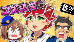  1girl 2boys blue_hat blue_jacket brown_eyes brown_hair cash_(rich_police_cash!) commentary_request earrings green_eyes hakona_(rich_police_cash!) hand_on_own_chest hat jacket jewelry multiple_boys official_art open_mouth police police_hat police_uniform policewoman pond_(rich_police_cash!) red_hair rich_police_cash! ring short_hair single_earring sparkle surprised teeth translation_request upper_body wide-eyed 