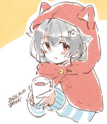  1girl animal_hood artist_name black_hair blue_sweater braid brown_eyes capelet cat_hood commentary_request cup dated hair_flaps hood hooded_capelet jingei_(kancolle) kantai_collection kirisawa_juuzou long_hair mug red_capelet red_hood single_braid solo striped_clothes striped_sweater sweater upper_body 