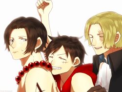  3boys arm_tattoo arm_up ascot black_hair blonde_hair clenched_hand clip_studio_paint_(medium) commentary_request curry_gohan gloves hug hug_from_behind jewelry male_focus monkey_d._luffy multiple_boys necklace one_piece pearl_necklace portgas_d._ace red_shirt sabo_(one_piece) scar scar_on_face shirt short_hair simple_background sweatdrop tattoo topless_male white_ascot white_background 