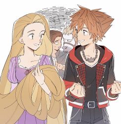  1girl 2boys attakaimizu7619 black_jacket blonde_hair blue_eyes breasts clenched_hands crown_necklace dress facial_hair flynn_rider goatee green_eyes hair_between_eyes highres holding_own_hair horse jacket kingdom_hearts kingdom_hearts_iii long_hair looking_at_another maximus_(tangled) medium_breasts multiple_boys parted_lips purple_dress rapunzel_(disney) red_trim short_hair smile sora_(kingdom_hearts) spiky_hair sweatdrop tangled upper_body very_long_hair white_background 