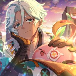  1boy brown_gloves cacucu_(genshin_impact) commentary_request dark-skinned_male dark_skin drooling eyepatch genshin_impact gloves green_eyes hat headpat ifa_(genshin_impact) in_hat male_focus medical_eyepatch scar scar_across_eye scar_on_face signature smile twilight unworn_hat unworn_headwear wakame1441 white_hair 