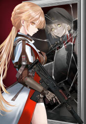  2girls assault_rifle bare_shoulders black_gloves black_groza_(girls'_frontline_2) blonde_hair breasts broken_mirror bullpup girls'_frontline_2:_exilium girls_frontline gloves grey_hair groza_(girls'_frontline_2) gun hair_between_eyes highres holding long_hair looking_at_viewer low_ponytail low_twintails mirror multiple_girls open_mouth orange_eyes ots-14_(girls'_frontline) ots-14_groza ponytail rifle twintails user_jtdt4325 veil weapon yellow_eyes 