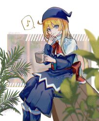  1girl absurdres aco_(acopuyo) back_bow bench blonde_hair blue_boots blue_eyes blue_hat blue_shirt blue_skirt blurry blurry_foreground boots bow capelet commentary_request cup eighth_note feet_out_of_frame hand_to_own_mouth hand_up hat highres holding holding_cup long_hair long_shirt looking_at_viewer looking_to_the_side musical_note neck_ribbon on_bench parted_lips phrygian_cap plant puyopuyo puyopuyo_20th_anniversary red_bow red_ribbon red_sash ribbon sash shirt sitting skirt solo speech_bubble spoken_musical_note twitter_username white_capelet witch_(puyopuyo) wooden_bench 