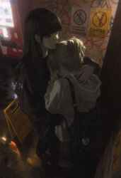  2girls absurdres black_hair black_hoodie black_nails blonde_hair check_copyright closed_mouth copyright_request dark earrings full_body highres hood hoodie hug jewelry long_hair multiple_girls night original outdoors ponytail red_eyes ring standing vending_machine wang-xi white_hoodie 