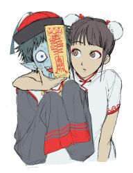  1boy 1girl blue_eyes blue_hair blue_skin brown_eyes brown_hair bun_cover chinese_clothes colored_skin commentary double_bun dr._suzu_(mili) dress drooling hair_bun hand_on_another's_face hat highres jab3302 jiangshi jiangshi_costume looking_at_another ofuda ofuda_on_head open_mouth pointy_ears qc_(mili) qingdai_guanmao qipao rtrt_(mili) sharp_teeth sleeves_past_fingers sleeves_past_wrists teeth white_background white_dress wide-eyed 