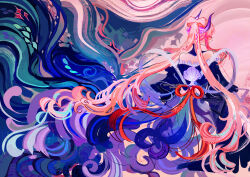  1girl abstract_background absurdres back_bow bare_shoulders blue_choker blue_hair blue_kimono bow bow-shaped_hair choker cqtlatte fake_horns frilled_kimono frills from_behind genshin_impact highres horns japanese_clothes kimono lace lace_choker long_hair long_sleeves multicolored_hair painterly pink_hair purple_horns red_bow sangonomiya_kokomi seashell shell solo two-tone_hair upper_body very_long_hair white_bow white_trim wide_sleeves 