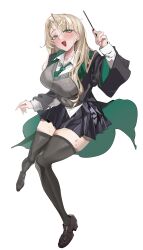  1girl absurdres black_robe black_shoes black_skirt black_thighhighs blonde_hair blush cardigan commentary_request curtained_hair earrings eyelashes full_body genderswap genderswap_(mtf) green_eyes green_hood green_necktie hair_over_shoulder harry_potter_(series) highres hogwarts_school_uniform holding holding_wand hood hood_down jewelry long_hair looking_at_viewer malfoid miniskirt necktie open_mouth pleated_skirt raised_eyebrow robe school_uniform shirt shoes simple_background skirt slytherin smile solo striped_clothes striped_necktie sweat thigh-highs thighs toya_(toya728629) wand white_background white_shirt wide_sleeves wizarding_world zettai_ryouiki 