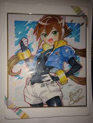 absurdres aile_(mega_man_zx) black_bodysuit blue_jacket bodysuit bonmaru breasts brown_hair commission cowboy_shot cropped_jacket green_eyes highres jacket long_hair mega_man_(series) mega_man_zx mega_man_zx_advent photo_(medium) ponytail robot_ears second-party_source shikishi shorts small_breasts traditional_media white_shorts 