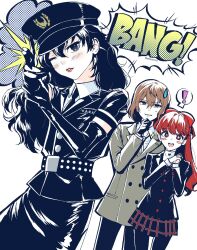  ! 1girl 2boys akechi_goro amamiya_ren black_hair black_hat black_jacket black_pants black_skirt blush brown_eyes brown_hair commentary crossdressing crossdressing_(mtf) finger_gun grey_eyes hat highres jacket long_hair long_sleeves looking_at_another looking_at_viewer multiple_boys necktie official_alternate_costume one_eye_closed open_mouth own_hands_clasped own_hands_together pants persona persona_5 persona_5_the_royal ponytail red_eyes red_hair school_uniform seisorrna short_hair shuujin_academy_school_uniform simple_background skirt smile sound_effects spoken_exclamation_mark standing sweatdrop white_background yoshizawa_kasumi 