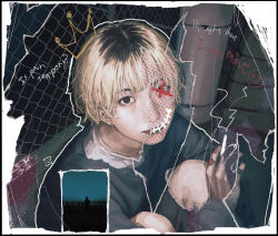 1girl between_fingers black_nails black_pants blonde_hair brown_eyes chain-link_fence cigarette closed_mouth commentary_request drawn_crown ear_piercing earrings english_text fence gold_earrings gold_necklace highres holding holding_cigarette jewelry lips long_sleeves makko_(user_kvud5535) multicolored_hair multiple_rings nail_polish necklace night nose original outdoors pants piercing purikura realistic reverse_trap ring roots_(hair) shirt short_hair solo torn_clothes torn_pants 