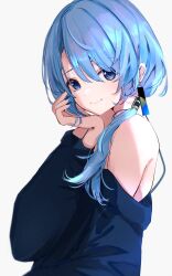  1girl alternate_costume asymmetrical_bangs bare_shoulders black_shirt blue_eyes blue_hair blue_nails blurry closed_mouth commentary depth_of_field film_grain from_side grey_background hair_over_shoulder hand_on_own_cheek hand_on_own_face highres hololive hoshimachi_suisei long_hair looking_at_viewer low_ponytail nail_polish off_shoulder official_alternate_hairstyle ponytail shirt simple_background solo star_(symbol) star_in_eye sui._(suikun) swept_bangs symbol_in_eye upper_body virtual_youtuber 
