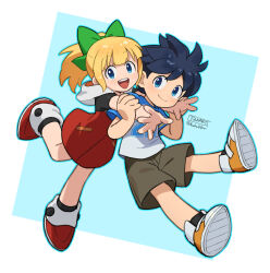  11kkr 1boy 1girl :d blonde_hair blue_hair bow brown_shorts child closed_mouth commentary dress green_bow grey_shirt hair_bow highres hooded_dress looking_at_viewer mega_man_(character) mega_man_(series) open_mouth orange_shoes ponytail raglan_sleeves red_dress red_shoes roll_(mega_man) shirt shoes short_hair shorts smile t-shirt 