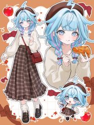  1girl :q ahoge alternate_costume apple autumn autumn_leaves bag beret blue_eyes blue_hair blunt_bangs border bow braid brown_bag brown_border brown_hat brown_shoes check_commentary chibi chibi_inset closed_mouth commentary_request double-parted_bangs eating food food_on_face food_request frilled_skirt frills fruit full_body grid_background hair_bow hair_flaps hair_intakes handbag hat highres hololive hololive_dev_is leaf lightning_ahoge loafers long_hair long_skirt long_sleeves looking_at_viewer loose_socks low_twin_braids maple_leaf mizumiya_su multicolored_hair multiple_views open_mouth outline outside_border pink_streaks plaid_clothes plaid_skirt puffy_long_sleeves puffy_sleeves red_bow ribbed_sweater shoes skirt sleeves_past_wrists smile socks split_mouth streaked_hair suzumiya_karen sweater tongue tongue_out twin_braids two-tone_hair v-neck virtual_youtuber white_outline white_socks yellow_background yellow_sweater 