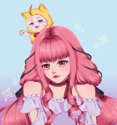  1girl ahoge animal animal_on_head arm_cutout bare_shoulders black_bow black_ribbon blue_background blunt_bangs bow bow_choker bowtie brown_eyes cat cat_on_head choker cloak closed_mouth clothed_animal clothing_cutout collarbone commentary ear_covers english_commentary expressionless eyelashes eyes_visible_through_hair frilled_shirt frills gradient_background hair_bow hair_intakes hair_ribbon happy highres hood hood_up hooded_cloak infinity_nikki light_blush lipstick long_hair long_sidelocks looking_at_viewer low_twintails makeup mirraeart momo_(nikki) nikki_(nikki) nikki_(series) nostrils off-shoulder_shirt off_shoulder on_head perfect_start_(infinity_nikki) pink_bow pink_bowtie pink_choker pink_hair pink_lips red_bow red_bowtie ribbon shirt sidelocks single_stripe sparkle striped_bow striped_bowtie striped_choker striped_clothes tress_ribbon twintails upper_body very_long_hair wavy_hair whiskers white_cat white_shirt yellow_cloak 
