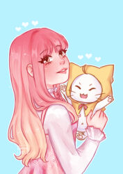  1girl ^_^ ahoge animal argyle_clothes argyle_dress bloom_poetry_(shining_nikki) blue_background blush bow bowtie brown_eyes bunberryart cat cloak closed_eyes clothed_animal collared_shirt commentary cowboy_shot dress ear_covers english_commentary eyelashes eyes_visible_through_hair frilled_shirt_collar frilled_sleeves frills from_behind happy heart highres holding holding_animal holding_cat hood hood_up hooded_cloak lipstick long_hair long_sidelocks long_sleeves looking_at_viewer looking_back makeup momo_(nikki) nikki_(nikki) nikki_(series) nostrils outline parted_lips pawpads pinafore_dress pink_dress pink_hair pink_lips pleated_dress pleated_skirt red_bow red_bowtie shining_nikki shirt sidelocks signature simple_background skirt sleeveless sleeveless_dress sleeves_past_wrists smile standing strap traditional_bowtie very_long_hair wavy_hair whiskers white_outline white_shirt x_navel yellow_cloak 