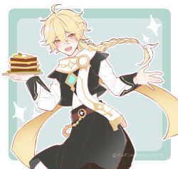  1boy adapted_costume aether_(genshin_impact) ahoge apron aqua_background artist_name baggy_pants belt black_apron black_pants black_shirt blonde_hair blush border braid brown_belt chain cheese cheroi commentary_request cowboy_shot earrings floating_clothes floating_hair food four-pointed_star genshin_impact gold_chain hair_between_eyes hair_ornament hair_ribbon hair_tubes hands_up highres holding holding_tray jewelry layered_sleeves long_hair long_sleeves looking_at_viewer low-braided_long_hair low-tied_long_hair male_focus open_mouth outline outside_border pants puffy_long_sleeves puffy_sleeves ribbon sandwich scarf shirt short_over_long_sleeves short_sleeves simple_background single_braid single_earring single_hair_tube smile solo standing star_(symbol) tongue tray waist_apron white_border white_ribbon white_scarf white_shirt yellow_eyes 