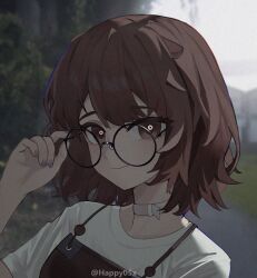  1girl apron arknights black-framed_eyewear black_apron blurry blurry_background brown_eyes brown_hair chinese_commentary choker closed_mouth commentary film_grain fingernails glasses grey_nails happy05x highres light_smile looking_at_viewer nail_polish portrait roberta_(arknights) round_eyewear shirt short_hair solo t-shirt twitter_username watermark white_choker white_shirt 