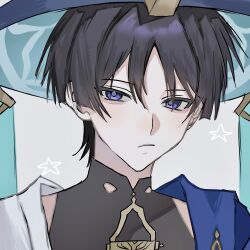  1boy bags_under_eyes bishounen black_bodysuit black_hair blue_cape blue_hat blue_jingasa blunt_ends bodysuit cape choppy_bangs closed_mouth egpr_01 genshin_impact gold grey_pupils hat highres japanese_clothes jingasa kimono looking_at_viewer male_focus mandarin_collar portrait scaramouche_(genshin_impact) shoulder_peek side_cape solo star_(symbol) tsurime violet_eyes wanderer_(genshin_impact) white_background white_kimono wolf_cut 