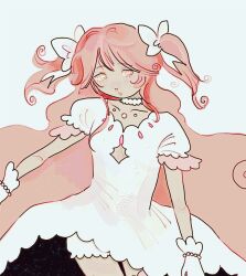 1girl blaubeerie bow choker dress gloves hair_bow hair_ribbon highres kaname_madoka long_hair magical_girl mahou_shoujo_madoka_magica mahou_shoujo_madoka_magica_(anime) multiple_girls pink_hair ribbon simple_background solo thighhighs two_side_up ultimate_madoka very_long_hair white_background white_dress white_gloves wings yellow_eyes