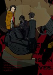  3boys absurdres adachi_tohru black_hair blood blood_on_face blue_necktie book closed_eyes coat collared_shirt commentary english_text glasses gun handgun highres holding holding_book hood hood_down inol_lum messy_hair multiple_boys multiple_persona necktie open_mouth persona persona_4 persona_4_the_animation red_background red_necktie shirt short_hair smile spoilers untranslatable_commentary watch watch weapon white_shirt yellow_coat 