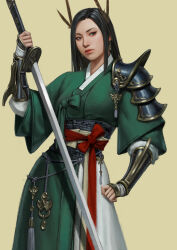  1girl arm_guards black_hair breasts cheolseung_ok closed_mouth commentary cowboy_shot earrings east_asian english_commentary eyelashes feather_hair_ornament feathers green_robe hair_ornament head_tilt highres holding holding_sword holding_weapon invisible_floor jewelry korean_clothes leaning_to_the_side long_hair looking_at_viewer multicolored_robe narrow_waist original robe simple_background single_shoulder_pad small_breasts standing sword weapon 