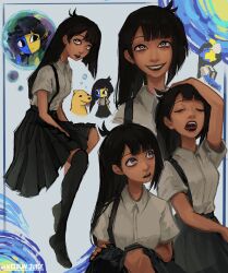  2girls asymmetrical_hair black_eyes black_hair black_lips black_skirt black_thighhighs blue_skin blunt_bangs closed_eyes closed_mouth clown_juice collared_shirt colored_skin dark-skinned_female dark_skin dog ena_(ena) ena_(series) ena_(species) grin hand_on_own_head hand_on_own_hip highres human_ena long_hair looking_at_viewer mini_ena multicolored_skin multiple_girls multiple_views ringed_eyes school_uniform shirt short_sleeves single_suspender_hanging sitting skirt smile split-color_skin suspenders thigh-highs twitter_username two-tone_skin white_shirt yellow_skin 