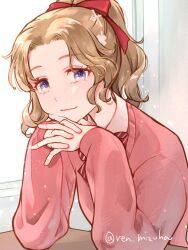  1girl blonde_hair blue_eyes bow bowtie cardigan collared_shirt commentary_request diagonal-striped_bow diagonal-striped_bowtie diagonal-striped_clothes dissidia_duellum_final_fantasy dissidia_final_fantasy final_fantasy final_fantasy_vi hair_bow hair_ornament highres light_smile looking_at_viewer official_alternate_costume own_hands_clasped own_hands_together parted_bangs pink_cardigan ponytail red_bow red_bowtie ren_mizuha school_uniform shirt solo striped_bow striped_bowtie striped_clothes terra_branford terra_branford_(school_cardigan) twitter_username upper_body x_hair_ornament 