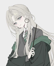  1girl absurdres black_robe commentary crossed_arms earrings echj genderswap genderswap_(mtf) green_eyes green_necktie grey_background grey_hair grey_sweater harry_potter_(series) highres hogwarts_school_uniform holding holding_wand hoop_earrings jewelry long_hair looking_at_viewer malfoid necktie parted_lips robe school_uniform solo sweater upper_body wand wizarding_world 