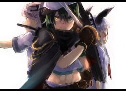  3girls bad_id bad_twitter_id black_cape brown_gloves cape commentary_request floating_headgear gloves green_eyes green_hair grey_hair hamada_(super_tachioyogi_kyousou) hat headgear heterochromia holding holding_sword holding_weapon kantai_collection kiso_(kancolle) letterboxed looking_at_viewer midriff multiple_girls murakumo_(kancolle) navel no_eyepatch scar scar_across_eye scar_on_face short_sleeves simple_background sword weapon white_background white_hat yellow_eyes yura_(kancolle) 
