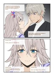  1boy 1girl blue_eyes commentary crying crying_with_eyes_open english_commentary english_text grey_hair hand_on_another's_cheek hand_on_another's_face highres maven_(madeinheaven_23) multicolored_hair school_uniform tearing_up tears tracen_school_uniform trainer_(umamusume) turtleneck two-tone_hair umamusume white_hair wonder_acute_(umamusume) 
