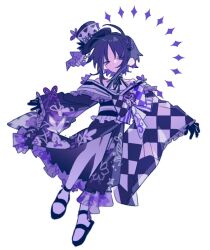  1girl black_gloves black_hair black_hat black_kimono black_shoes butterfly_hair_ornament full_body gloves hair_ornament hat housho_margo japanese_clothes kimono mahou_shoujo_no_majo_saiban mini_hat mini_top_hat pantyhose parted_lips rofoing shoes short_hair simple_background solo top_hat violet_eyes white_background white_pantyhose 