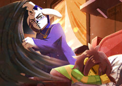  1girl 1other absurdres androgynous animal_ears antenna_hair arm_up black_eyes brown_hair brown_pants closed_eyes closed_mouth commentary_request curtains deltarune furry furry_female green_sweater head_on_pillow heart heart_necklace highres horns indoors jewelry kris_(deltarune) long_sleeves looking_at_another mother_and_child necklace pants parent_and_child pillow purple_sweater shelf short_hair sleeping sweat sweater toriel utdr_(toby_fox) watawata22 window 