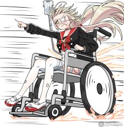  1girl ahoge black_shirt blonde_hair blood choker closed_mouth collarbone cropped_shirt eyepatch hair_ornament highres long_hair medical_eyepatch nosebleed official_alternate_costume on_wheelchair one-piece_swimsuit outstretched_arm phoenix_reffaella phoenix_reffaella_(the_illness_called_life) pipinekopan pointing pom_pom_(clothes) pom_pom_hair_ornament red_sailor_collar sailor_collar shirt sitting smile solo swimsuit swimsuit_under_clothes thigh-highs wheelchair white_choker white_one-piece_swimsuit yellow_eyes zenless_zone_zero 